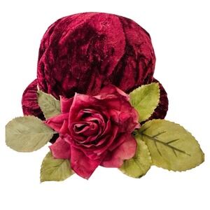 Vintage Burgundy Velvet Small  Brimmed Hat Pin Holder Pin Cushion W/Faux Rose